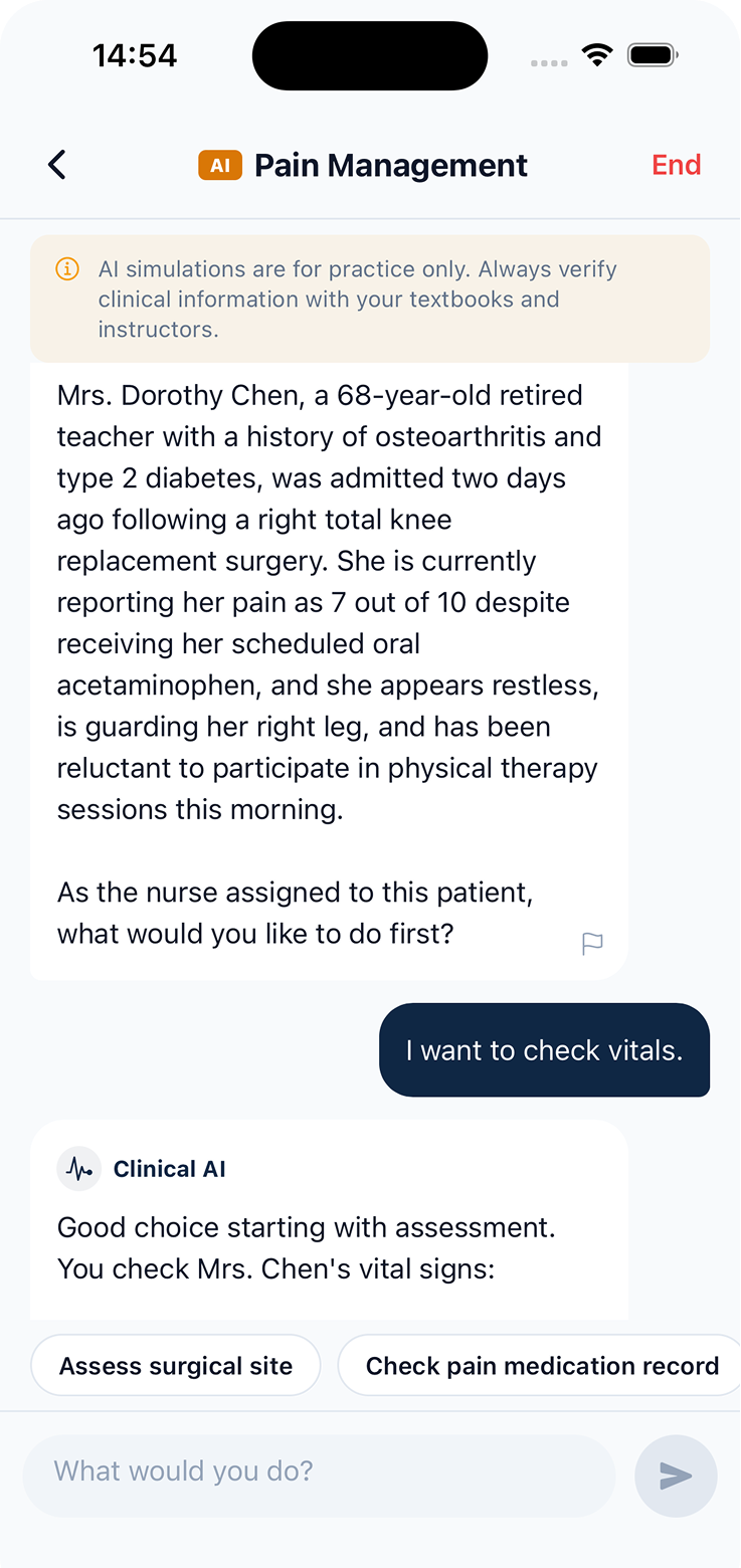 Clinical simulation — assess patients and make decisions