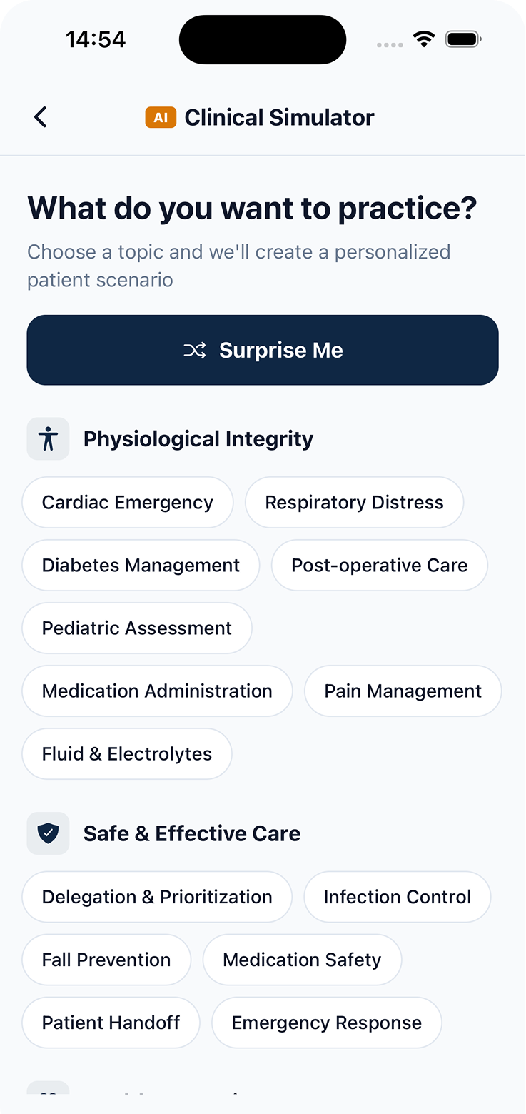 Clinical Simulator — choose from 24 patient scenarios